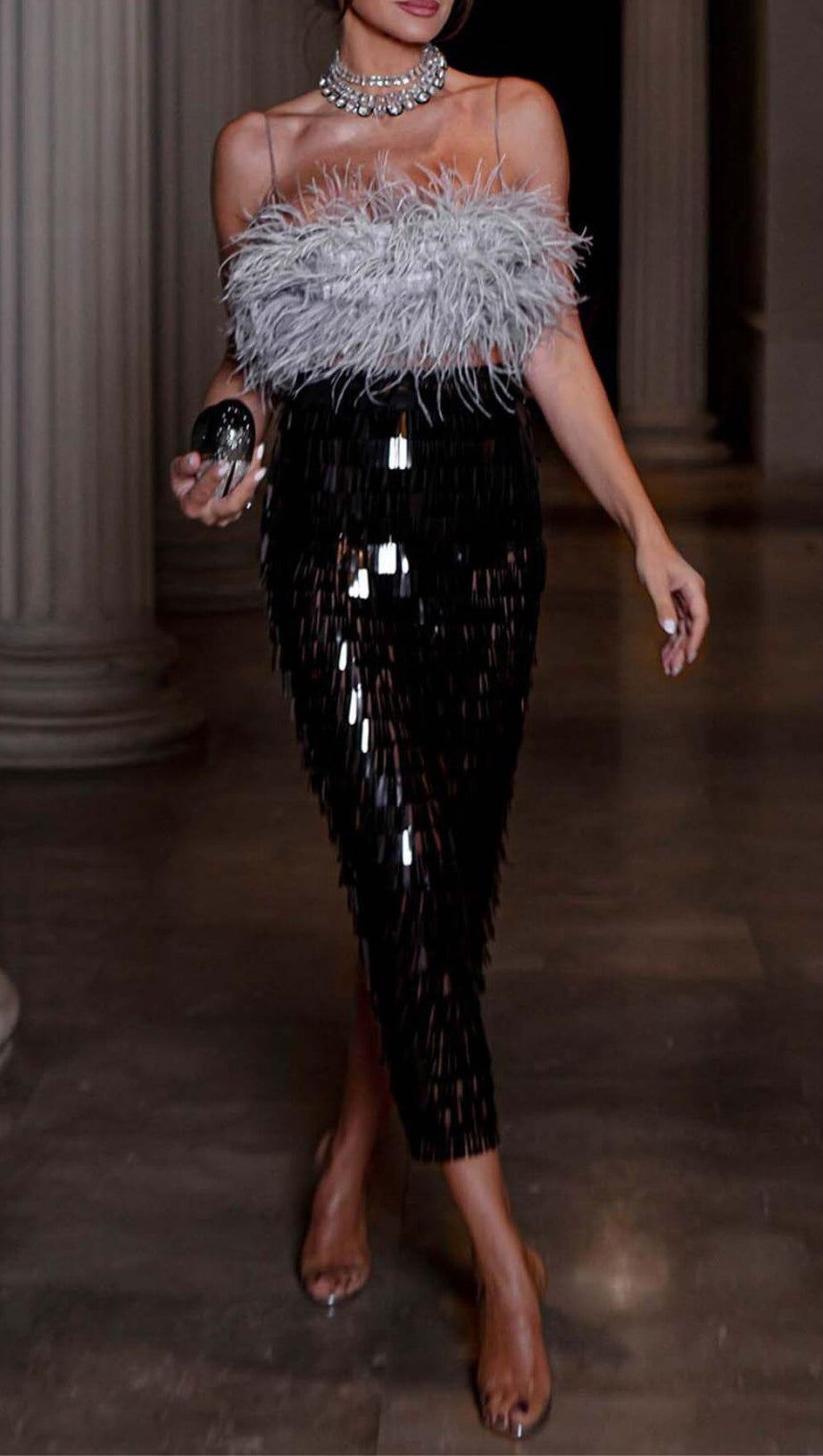 FEATHER TOP SEQUIN MIDI DRESS IN BLACK