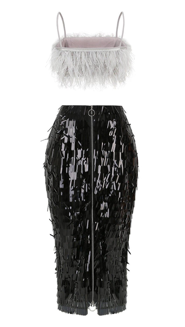 AIIZIE FEATHER TOP SEQUIN MIDI DRESS IN BLACK - product image