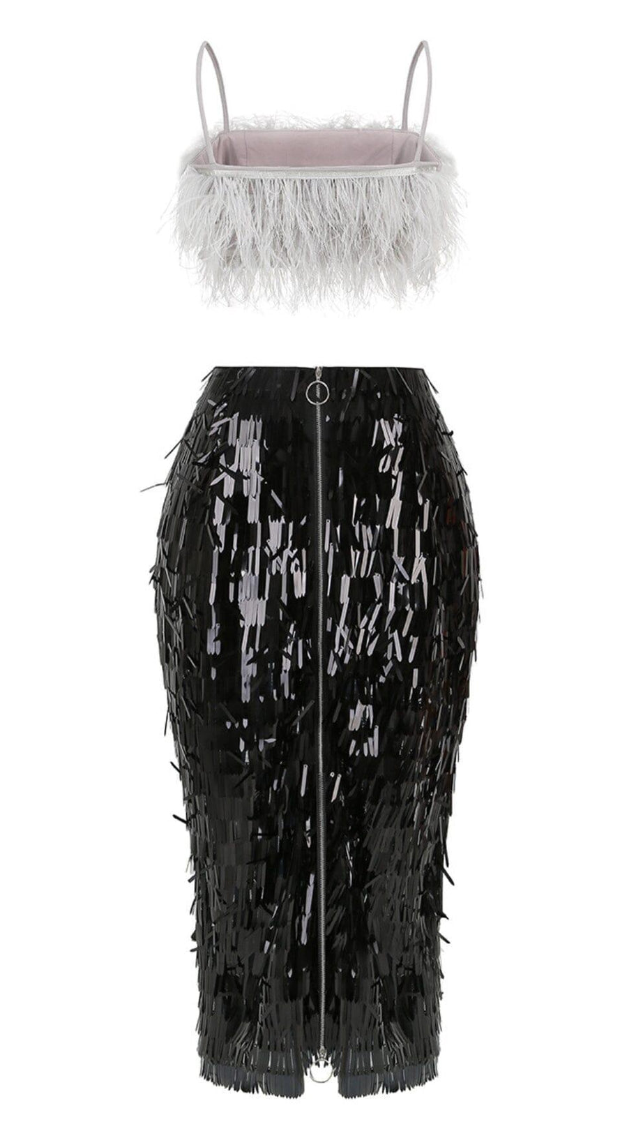 FEATHER TOP SEQUIN MIDI DRESS IN BLACK