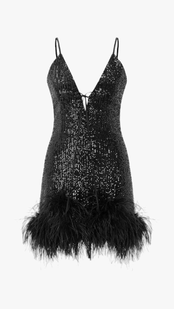 AIIZIE FEATHER V NECK MINI DRESS IN BLACK - product image