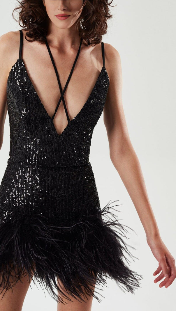 AIIZIE FEATHER V NECK MINI DRESS IN BLACK - product image