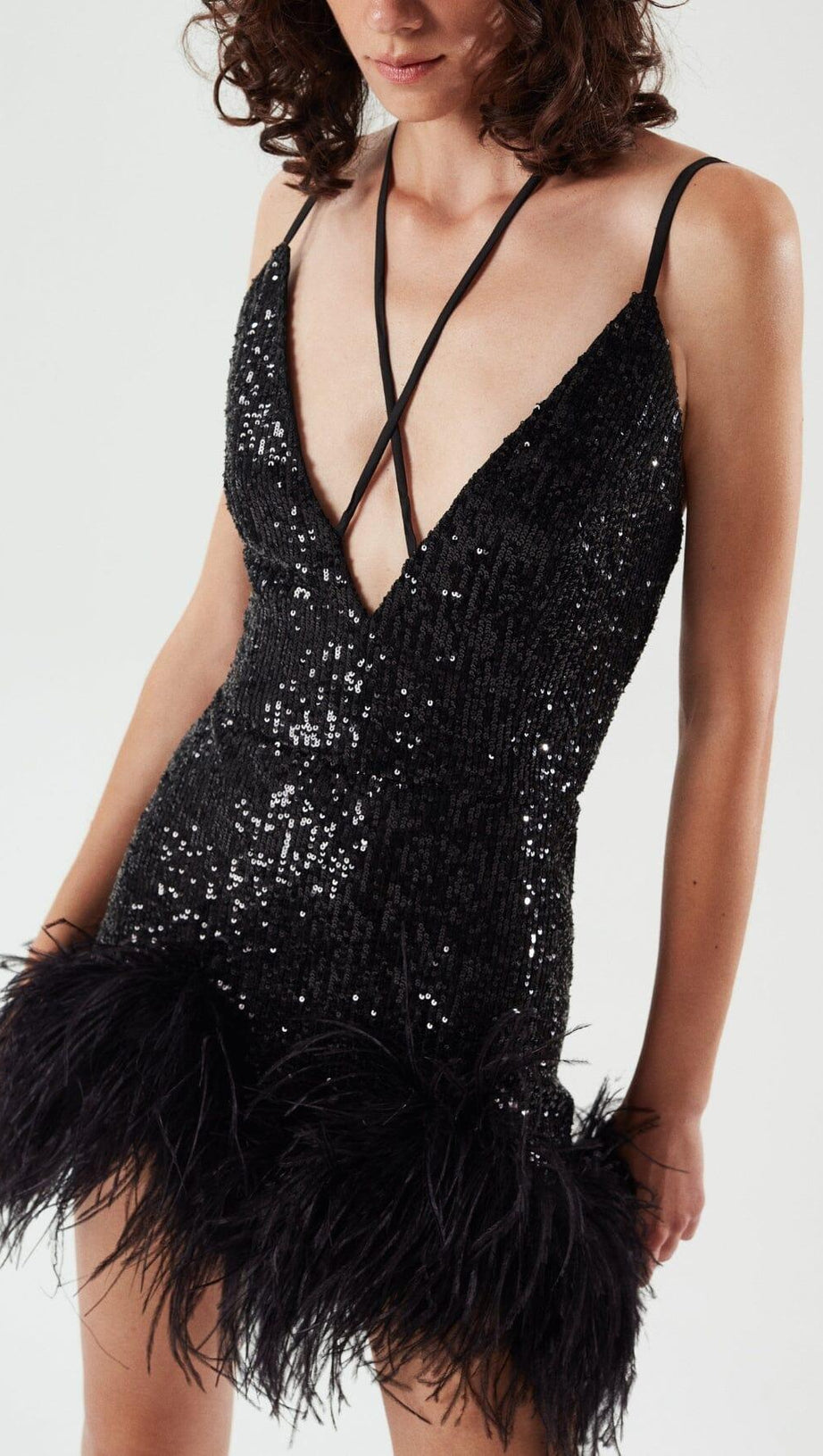 FEATHER V NECK MINI DRESS IN BLACK