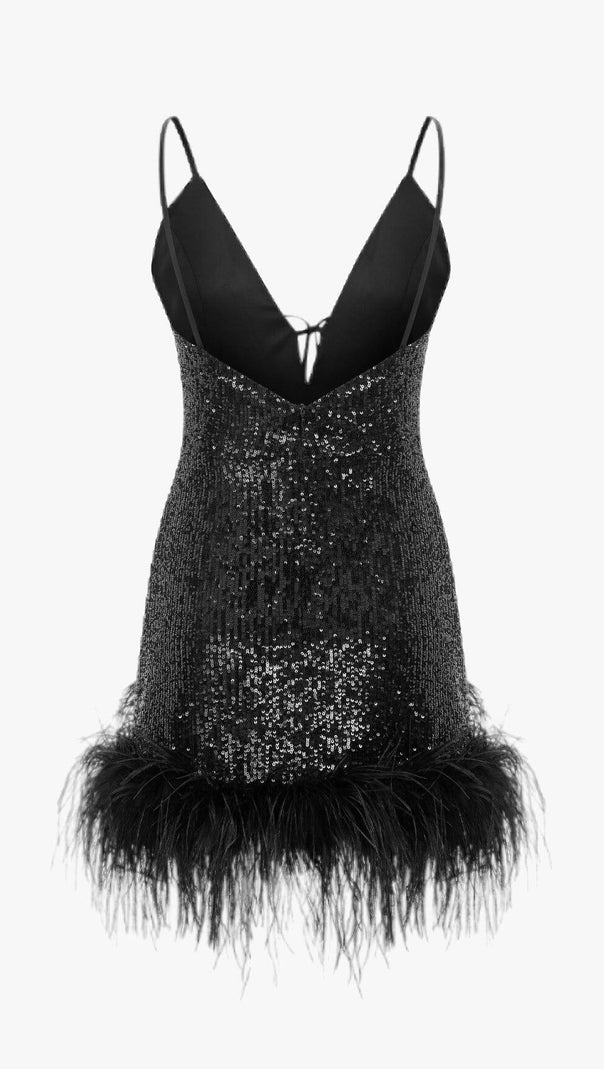 AIIZIE FEATHER V NECK MINI DRESS IN BLACK - product image
