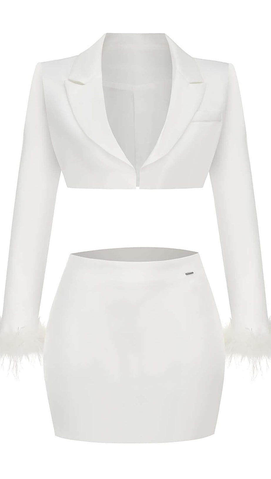 FEATHERS JACKET AND SHORT SKIRT IN WHITE
