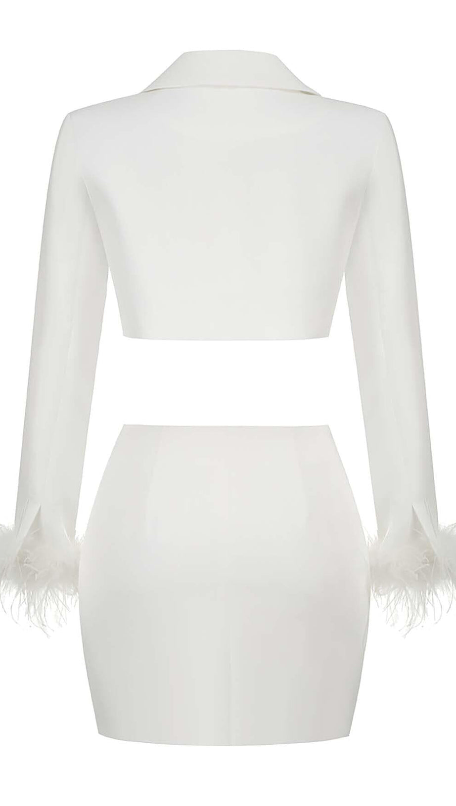 GIACCA DI PIUME E GONNA CORTA IN BIANCO