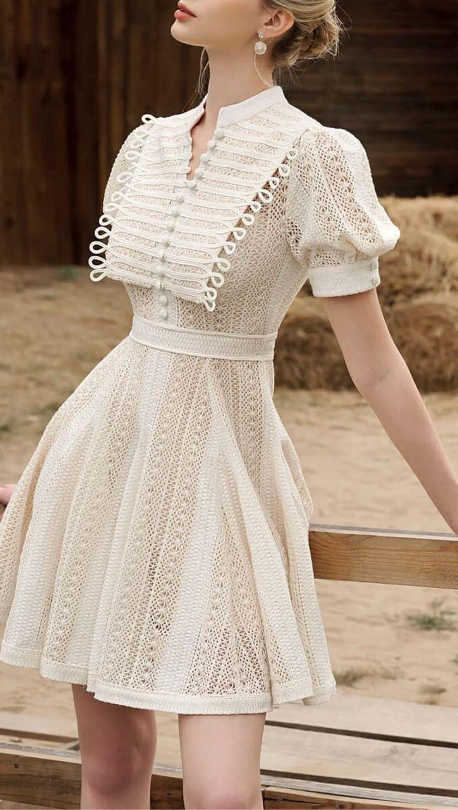 FLARED PUFFY SLEEVED LACE MINI DRESS IN WHITE