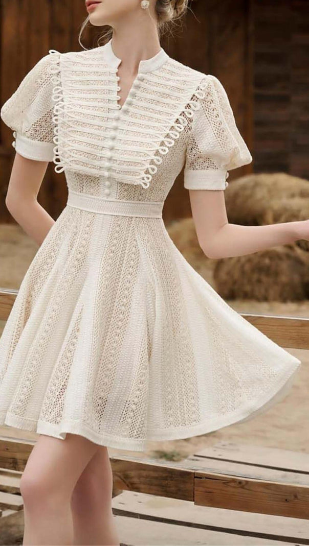 AIIZIE FLARED PUFFY SLEEVED LACE MINI DRESS IN WHITE - product image