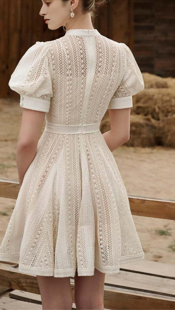 AIIZIE FLARED PUFFY SLEEVED LACE MINI DRESS IN WHITE - product image