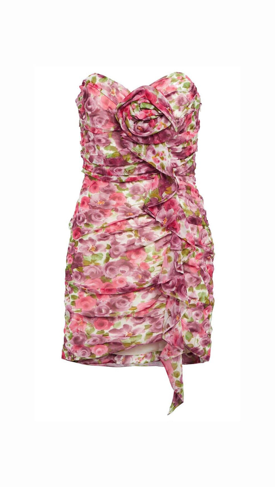 MINIKLEID MIT BLUMENAPPLIKATIONEN UND RÜSCHEN IN ROT