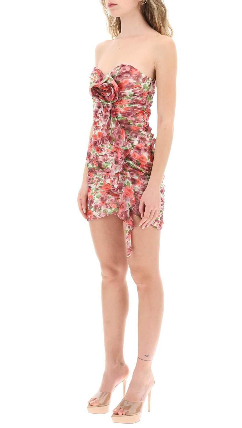 FLORAL APPLIQUE RUFFLED MINI DRESS IN RED