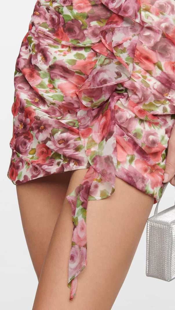 AIIZIE FLORAL APPLIQUE RUFFLED MINI DRESS IN RED - product image