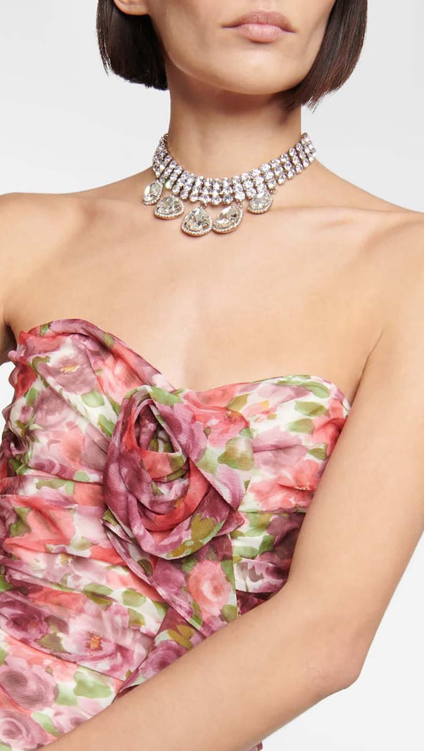 AIIZIE FLORAL APPLIQUE RUFFLED MINI DRESS IN RED - product image