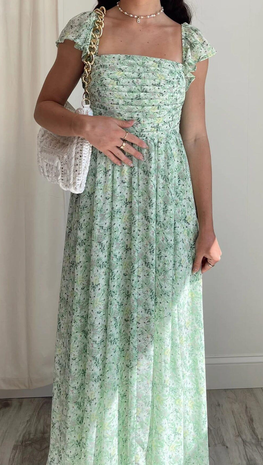 FLORAL COLD SLEEVE MIDI DRESS IN GREEN