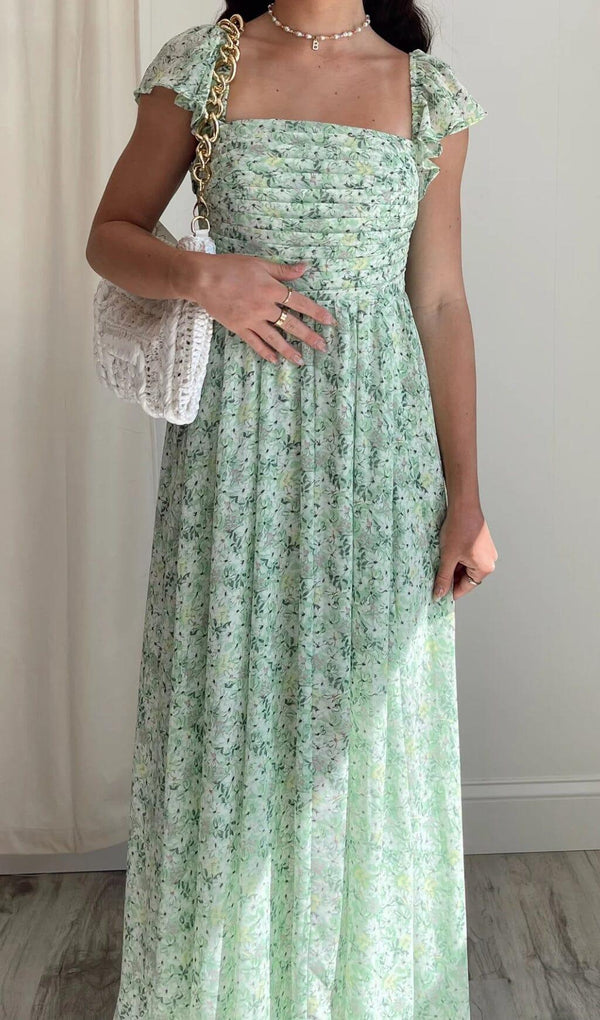 FLORAL COLD SLEEVE MIDI DRESS IN GREEN