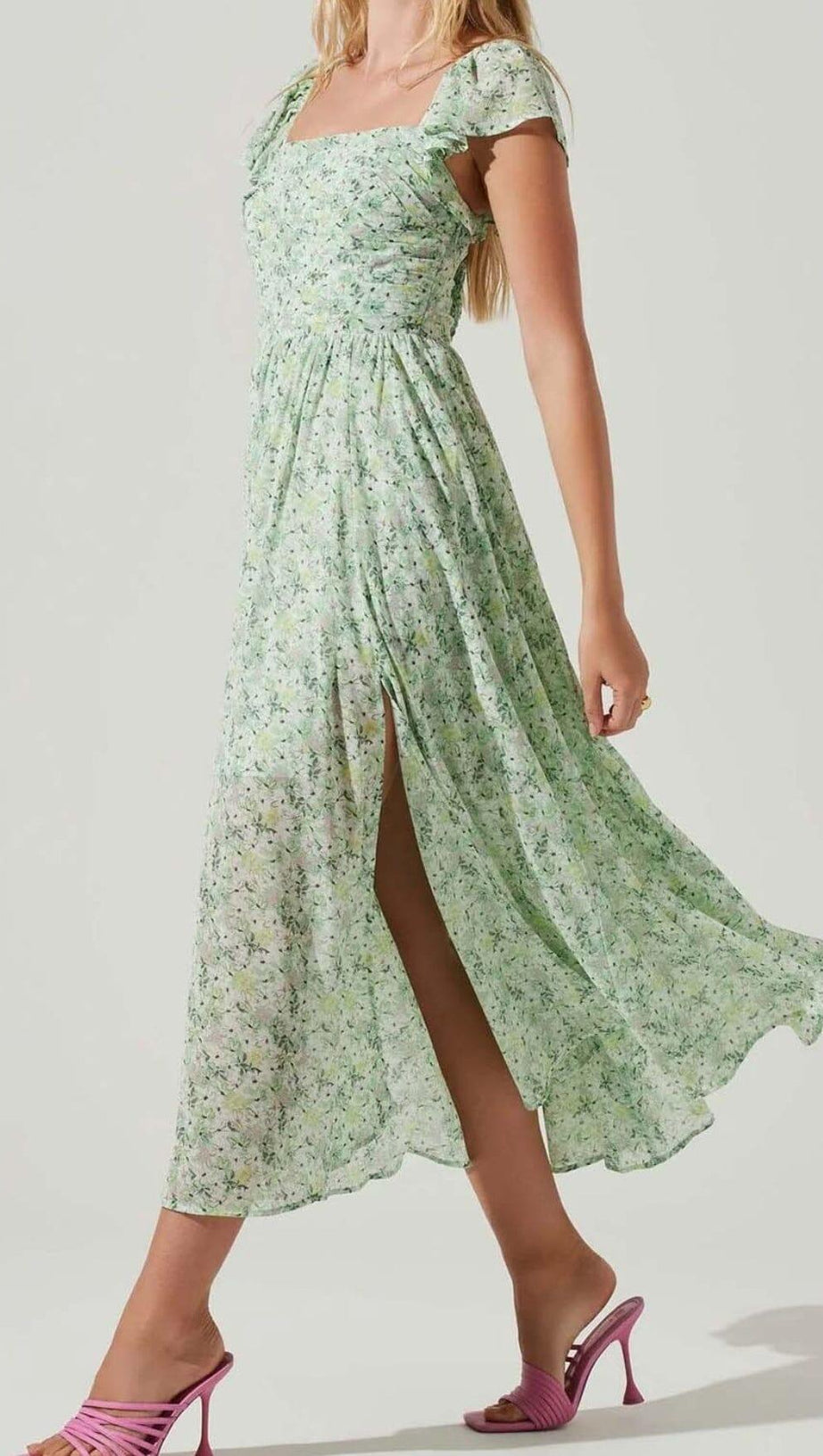 FLORAL COLD SLEEVE MIDI DRESS IN GREEN