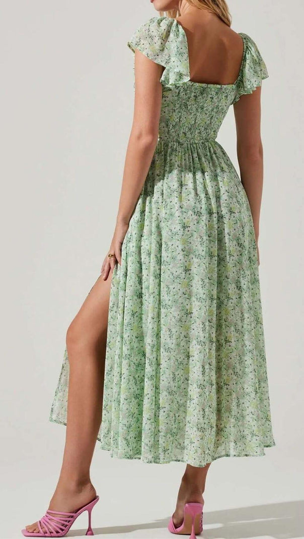 AIIZIE FLORAL COLD SLEEVE MIDI DRESS IN GREEN - product image