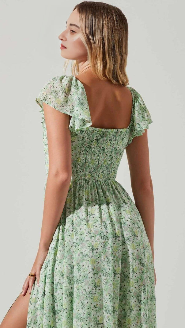 AIIZIE FLORAL COLD SLEEVE MIDI DRESS IN GREEN - product image