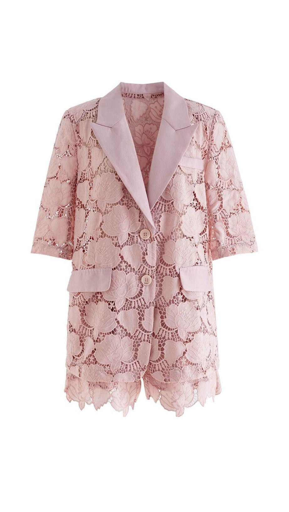 JACKENKLEID-SET MIT BLUMENMUSTER UND CUTWORK IN PINK