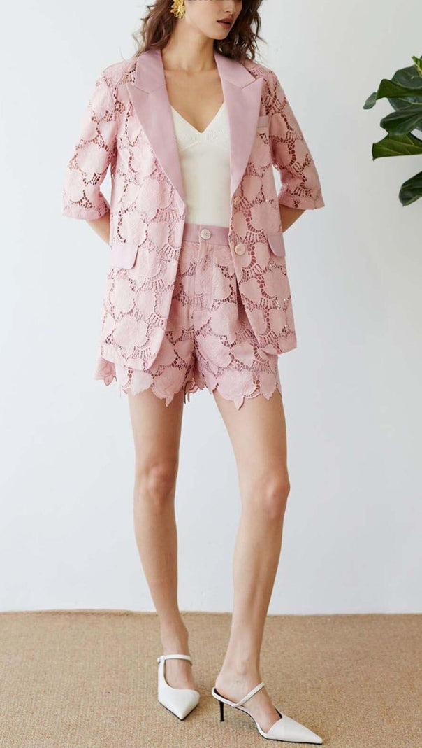 AIIZIE FLORAL CUTWORK JACKET DRESS SET IN PINK - product image