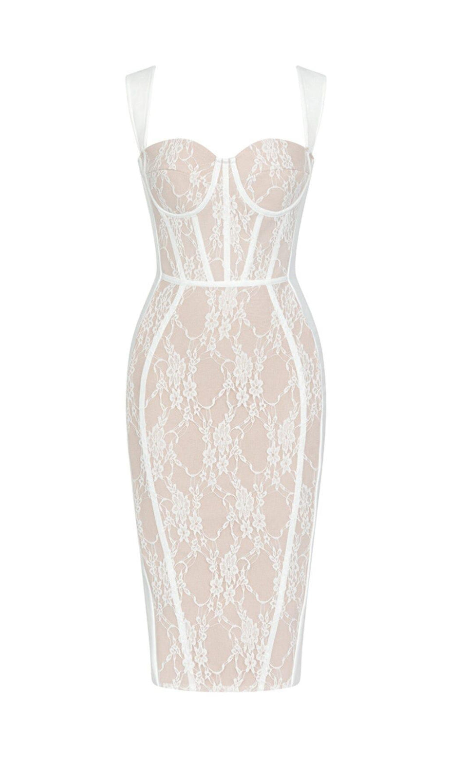 ABITO MIDI CON CORSETTO E DETTAGLIO FLOREALE IN BIANCO