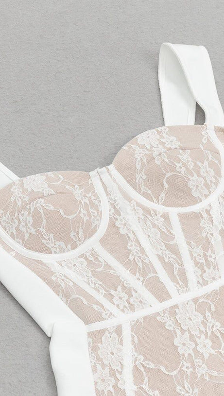 FLORAL DETAIL CORSET MIDI DRESS IN WHITE