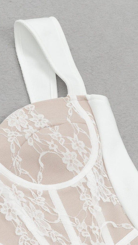 FLORAL DETAIL CORSET MIDI DRESS IN WHITE