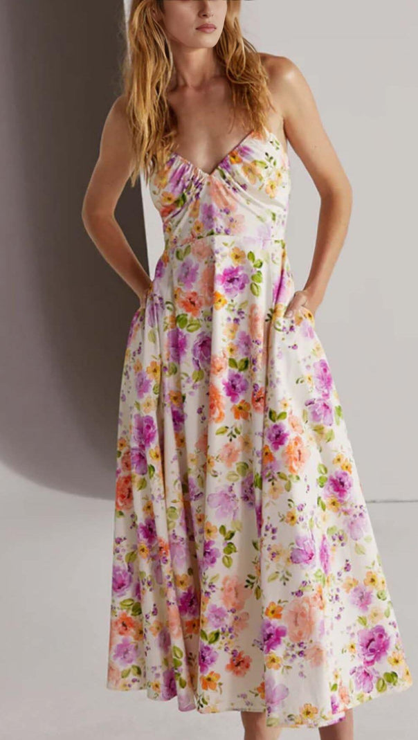 AIIZIE FLORAL HALTER MIDI DRESS IN PINK - product image