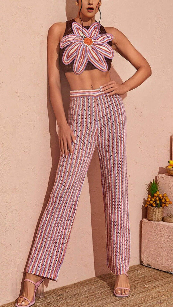 AIIZIE FLORAL HOLLOW KNITTED PANTS SET - product image