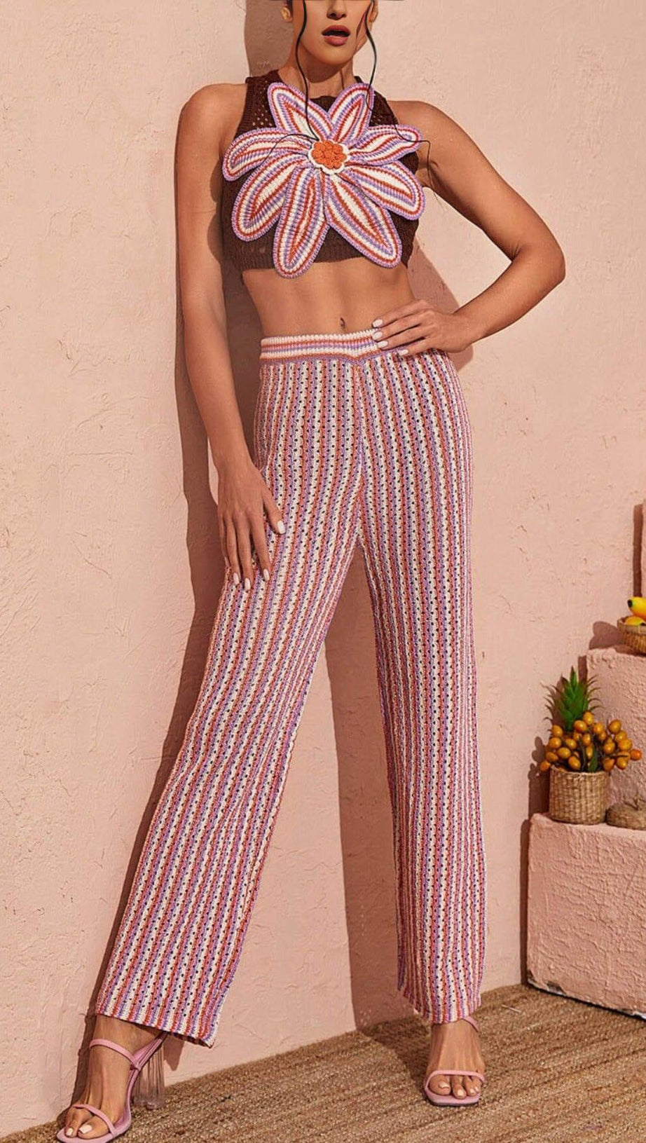 FLORAL HOLLOW KNITTED PANTS SET