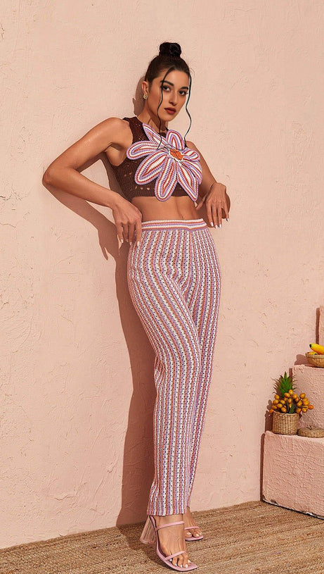 FLORAL HOLLOW KNITTED PANTS SET