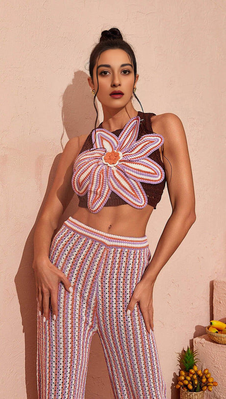 FLORAL HOLLOW KNITTED PANTS SET