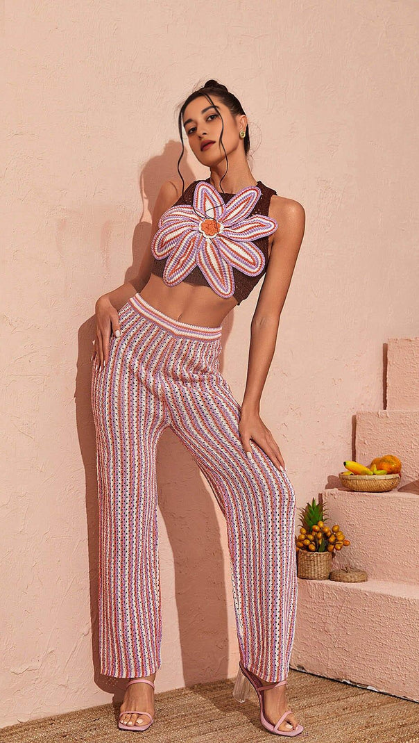 AIIZIE FLORAL HOLLOW KNITTED PANTS SET - product image