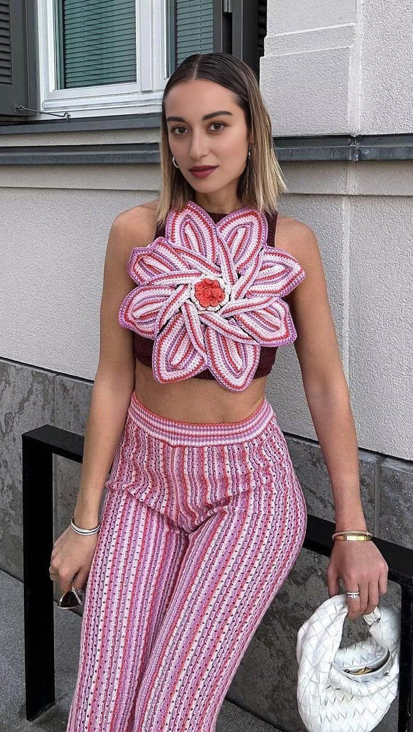 AIIZIE FLORAL HOLLOW KNITTED PANTS SET - product image
