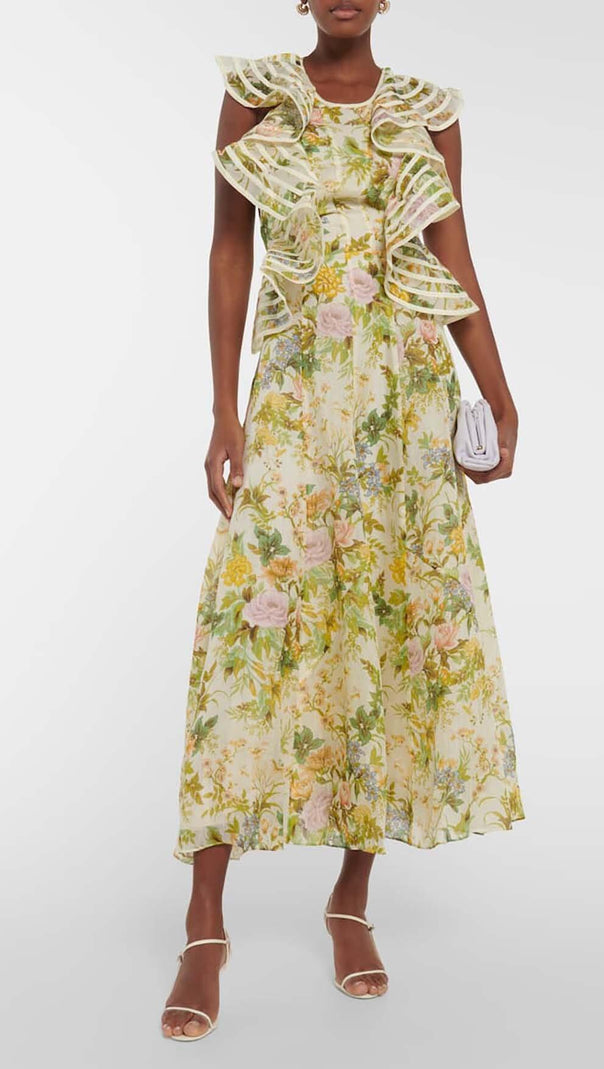 ABITO MIDI IN LINO E SETA A FIORI
