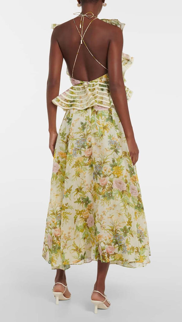 ABITO MIDI IN LINO E SETA A FIORI