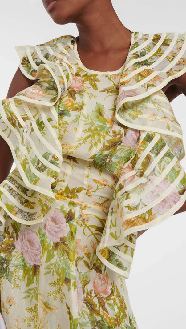 ABITO MIDI IN LINO E SETA A FIORI