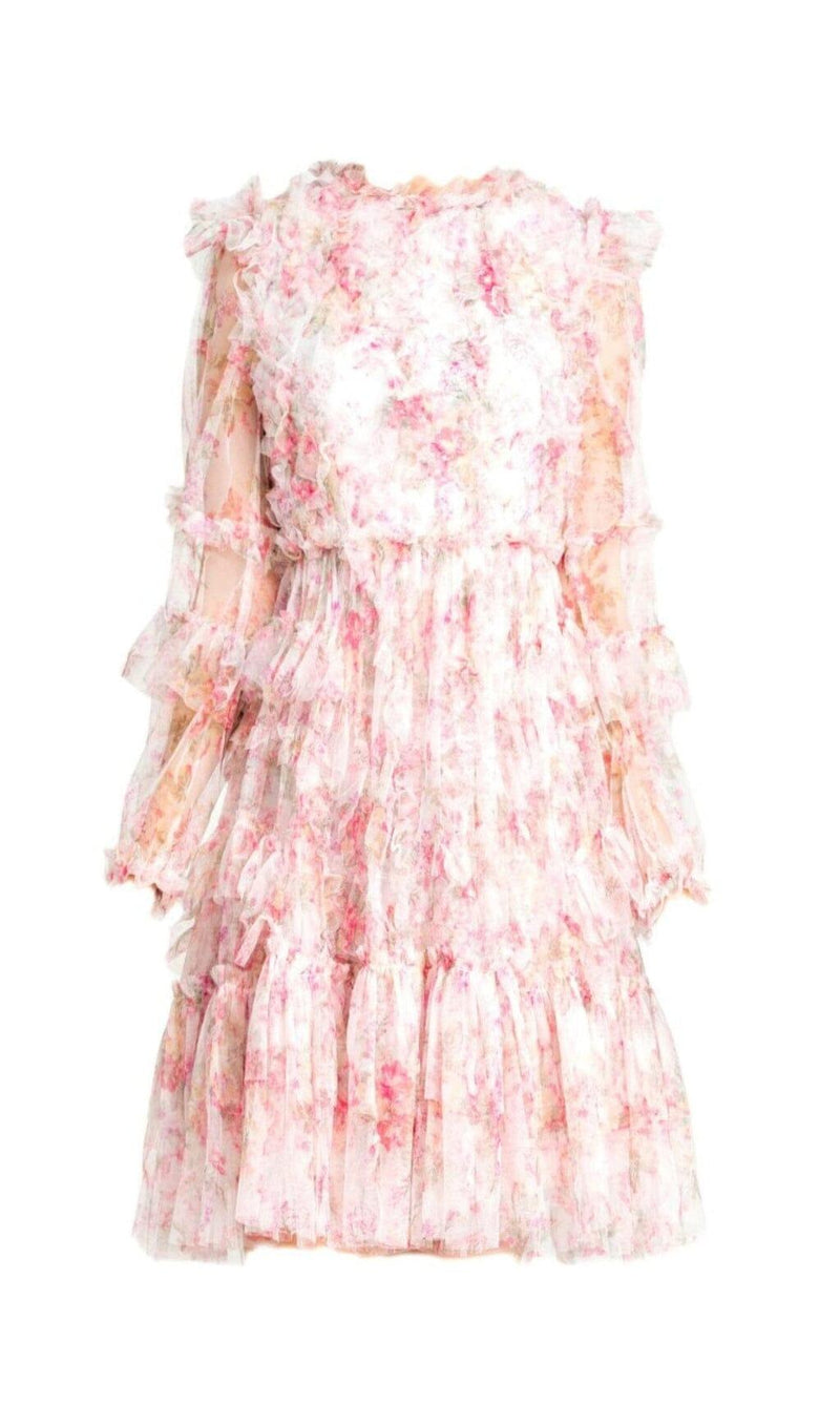 FLORAL MESH HEM MINI DRESS IN PINK