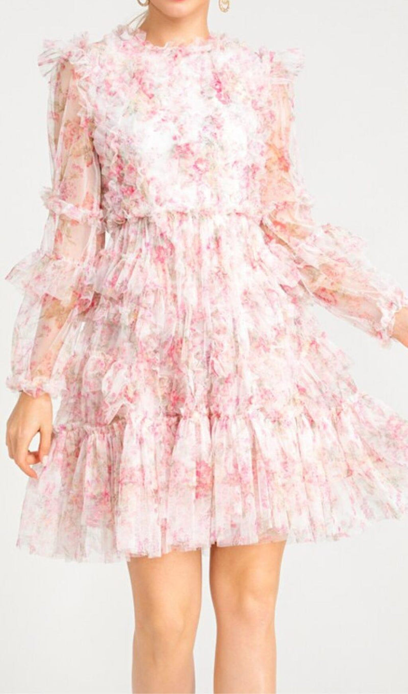 FLORAL MESH HEM MINI DRESS IN PINK