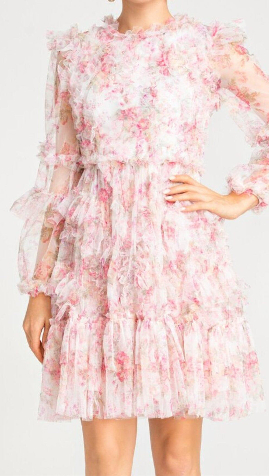 FLORAL MESH HEM MINI DRESS IN PINK