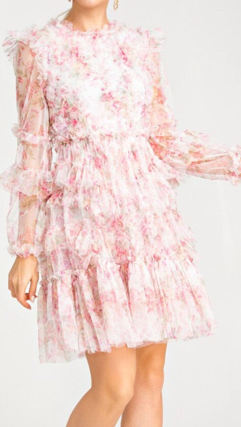 FLORAL MESH HEM MINI DRESS IN PINK