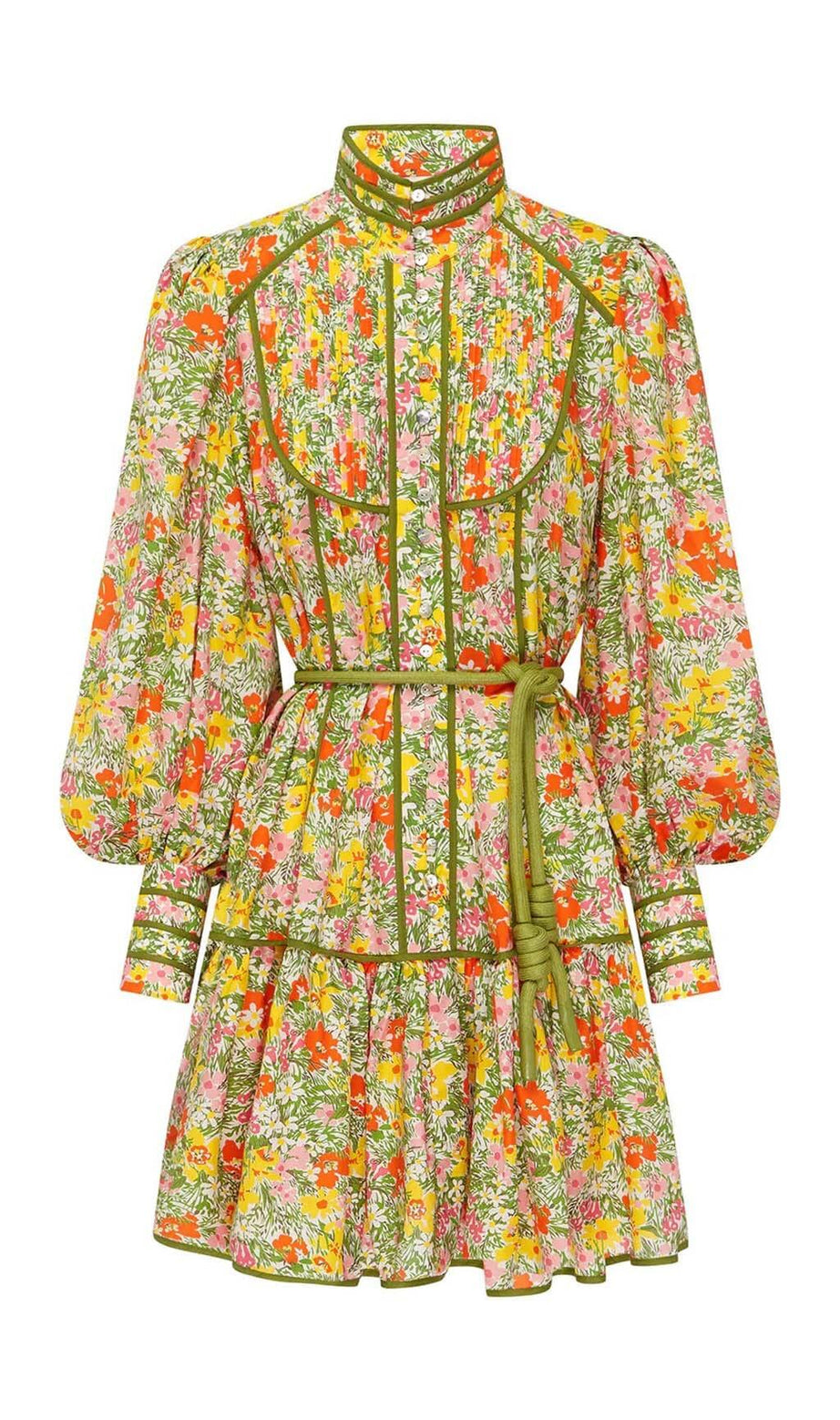 MIDIKLEID MIT BLUMENPRINT UND SCHNÜRUNG IN HERBSTBLÄTTERN