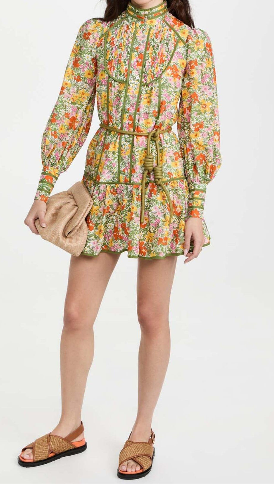 ABITO MIDI CON STAMPA FLOREALE E ALLACCIATURA IN FOGLIE AUTUNNALI