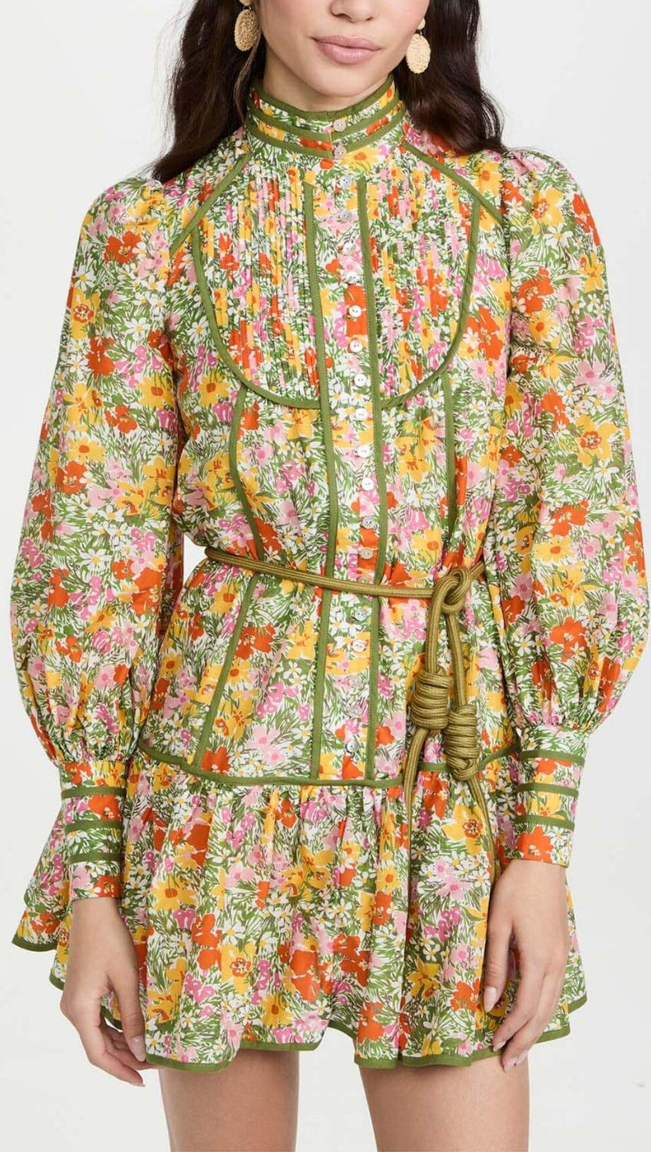 ABITO MIDI CON STAMPA FLOREALE E ALLACCIATURA IN FOGLIE AUTUNNALI