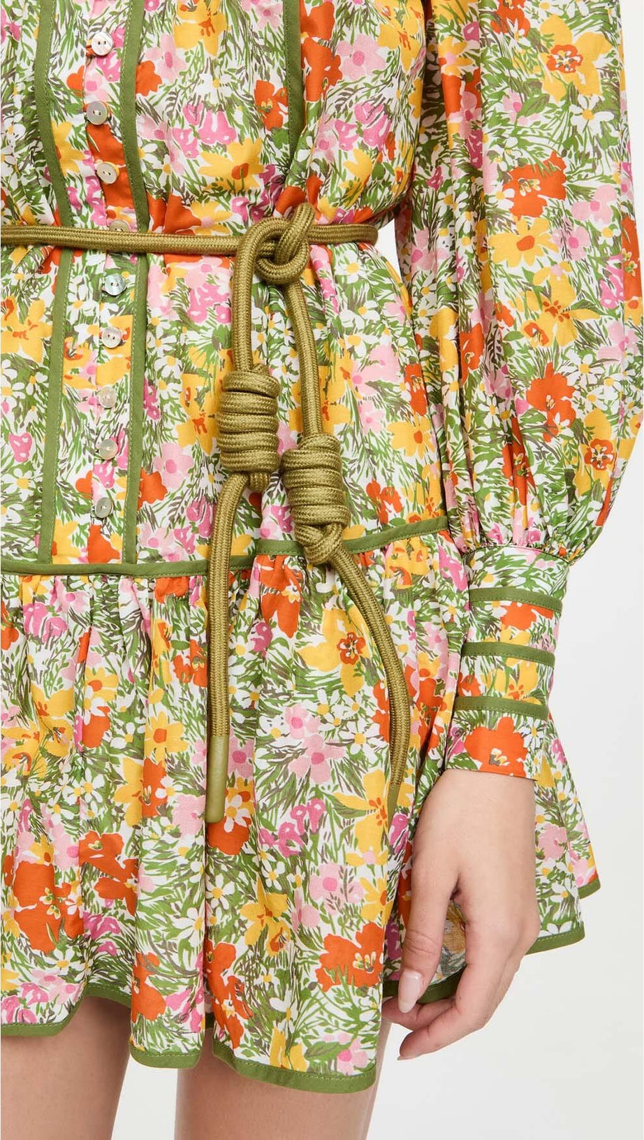 ABITO MIDI CON STAMPA FLOREALE E ALLACCIATURA IN FOGLIE AUTUNNALI