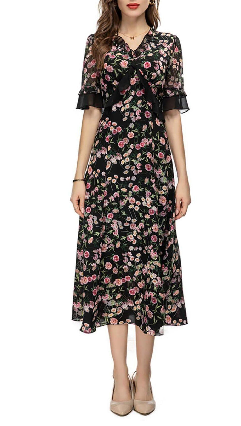 FLORAL PRINT RUFFLE MIDI DRESS IN MULTI-COLOR