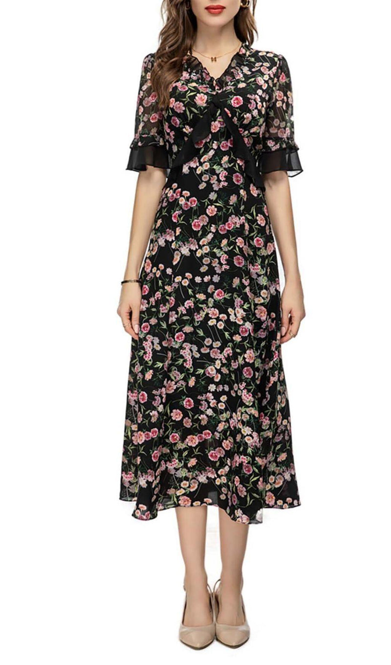 FLORAL PRINT RUFFLE MIDI DRESS IN MULTI-COLOR