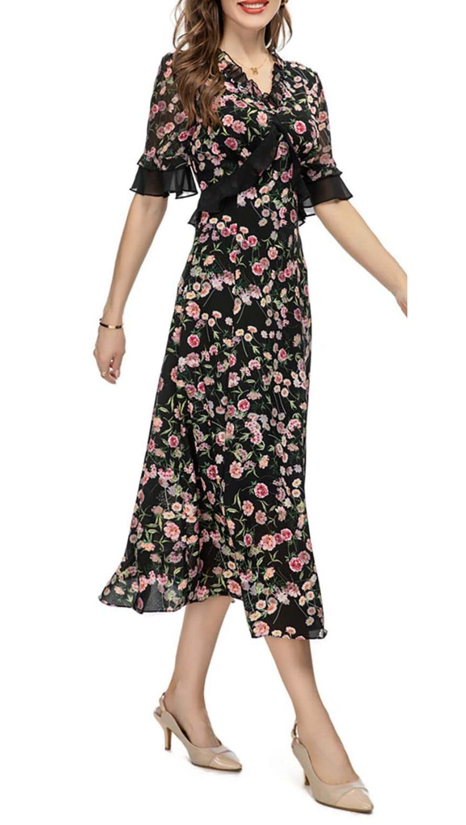 FLORAL PRINT RUFFLE MIDI DRESS IN MULTI-COLOR