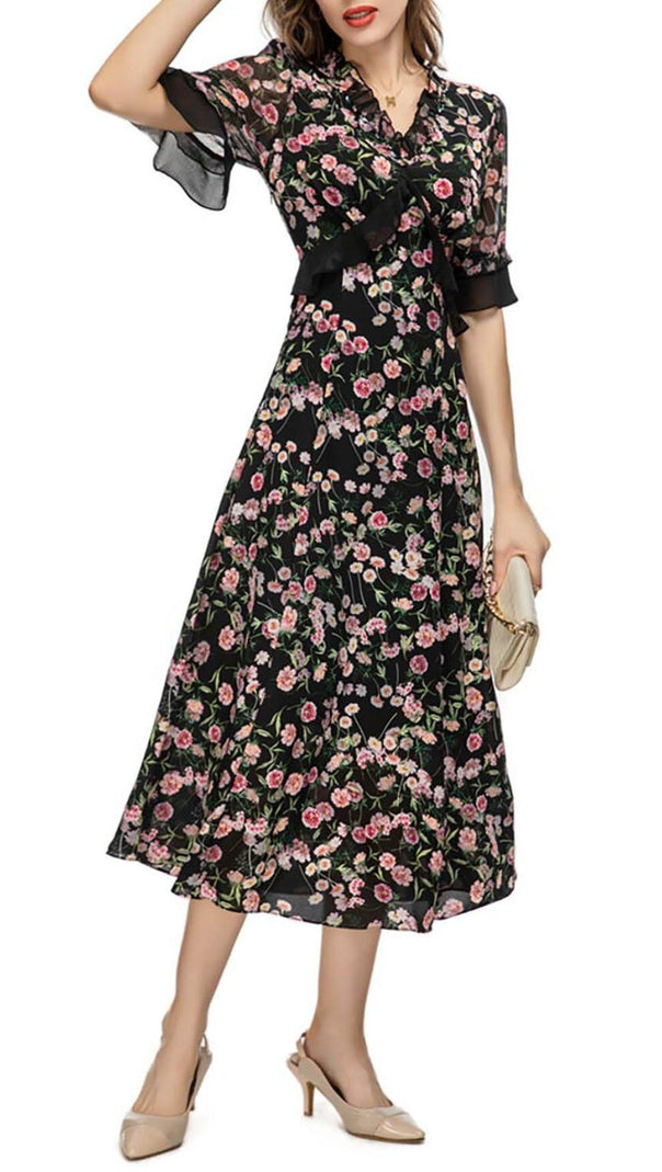 AIIZIE FLORAL PRINT RUFFLE MIDI DRESS IN MULTI-COLOR - product image