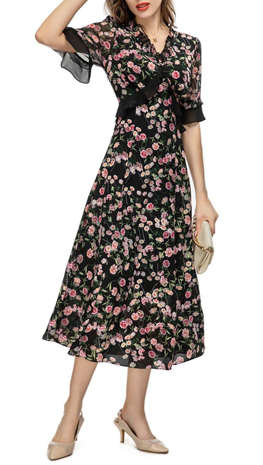 FLORAL PRINT RUFFLE MIDI DRESS IN MULTI-COLOR