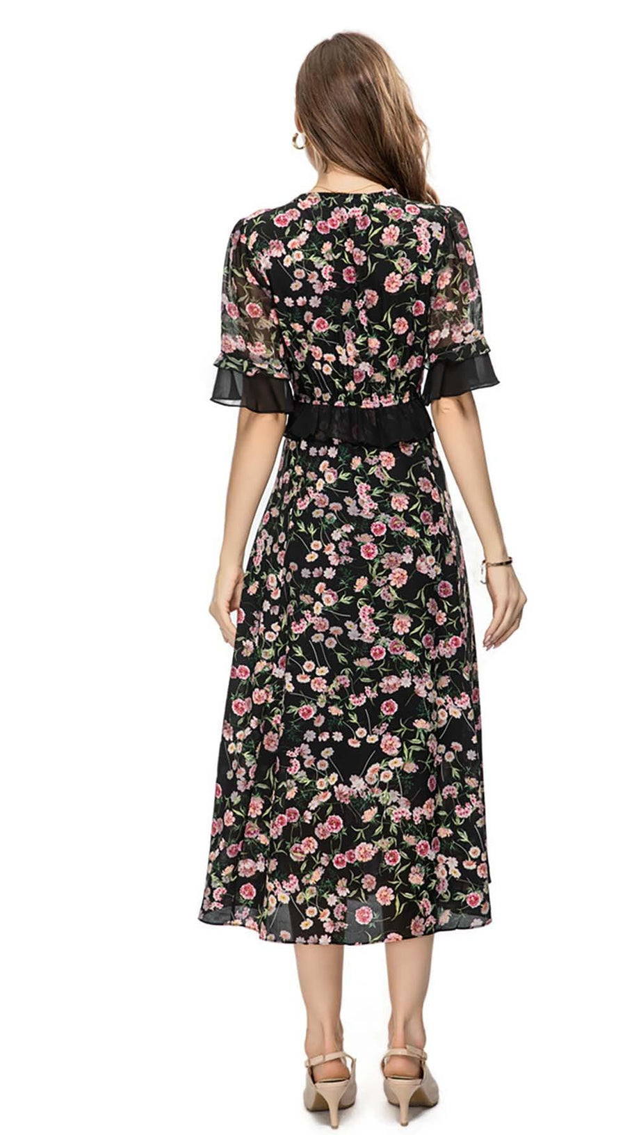 FLORAL PRINT RUFFLE MIDI DRESS IN MULTI-COLOR